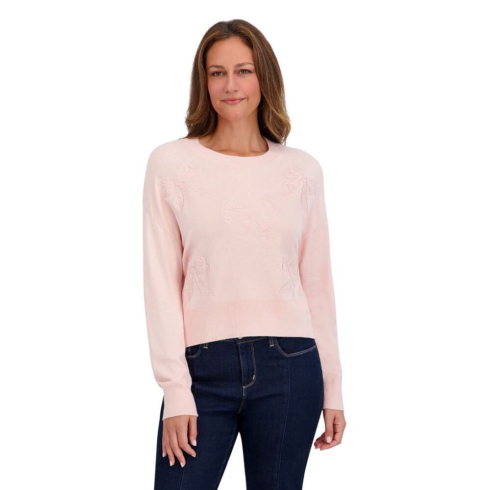 NWT Bridgerton Pink Lace Bow Applique Pullover Knit Sweater Women's Size Medium